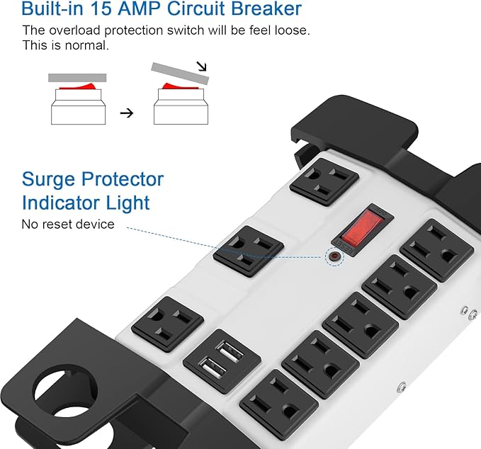 CCCEI Heavy Duty Power Strip with USB, Workshop 8 Outlet Surge Protector 2700 Joules, Industrial Metal 15Amp Power Strip, 20 FT Extension Cord and Wide Spaced Grey.