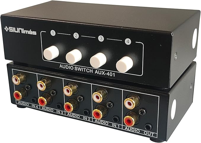 SIUNIMAS 4-in 1-Out RCA and 3.5mm Aux Audio Receiver Switching Box 4 Channels Audio Converter Passive Audio Selector Switch Box 1-in 4-Out (S401-RCA AUX)