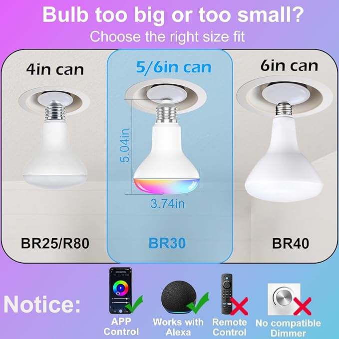 HYDONG Smart Light Bulbs，BR30 Smart Bulbs Compatible with Alexa，Flood Light Bulbs 10W 900LM,RGBCW Color Changing Light Bulb，2.4Ghz WiFi Bulb,APP Dimmable E26 Base,4Pack