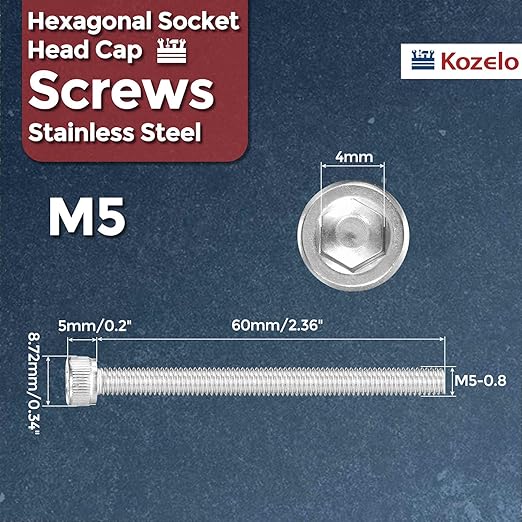 Kozelo 15pcs Socket Head Cap Screws - [M5-0.8 x 60mm] 304 Stainless Steel Allen Socket Drive for Electrical Motor 3D Printing Fan Engine Replacement Use, Silver