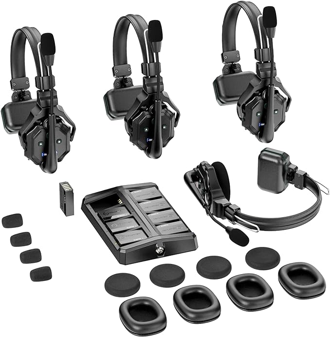 Hollyland Solidcom C1 Wireless Headset Intercom System 4-Person Full Duplex 1100ft Team Communication Group Talk Single-Ear Headset with 1 Master & 3 Remote Headsets