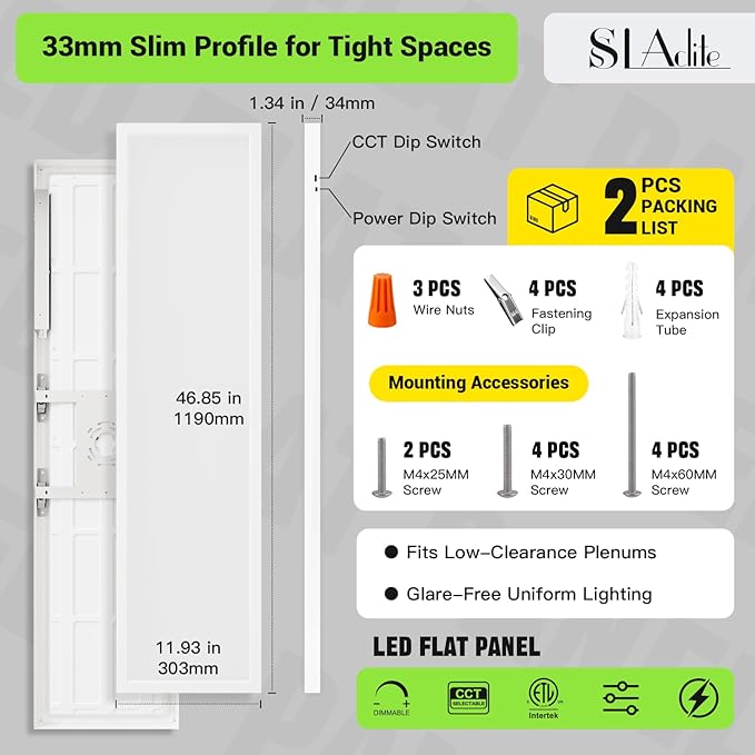 1x4 LED Flat Panel Light,Surface Mount Ceiling Light,5CCT 3000K/3800K/4500K/5200K/6000K,24W/30W/40W 5200LM Smooth Triac Dimming(10-100%),LED Light Fixture for Office Kitchen Garage,White - 2Pack