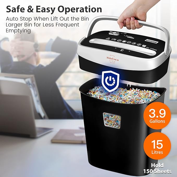 VidaTeco Paper Shredder for Home Office10-Sheet Cross-Cut Shredder with US Patented Cutter,Also Shreds Card/CD/Clip,Paper Shredding Machine for Home Use Heavy Duty with Jam Proof,3.9-Gallon Bin