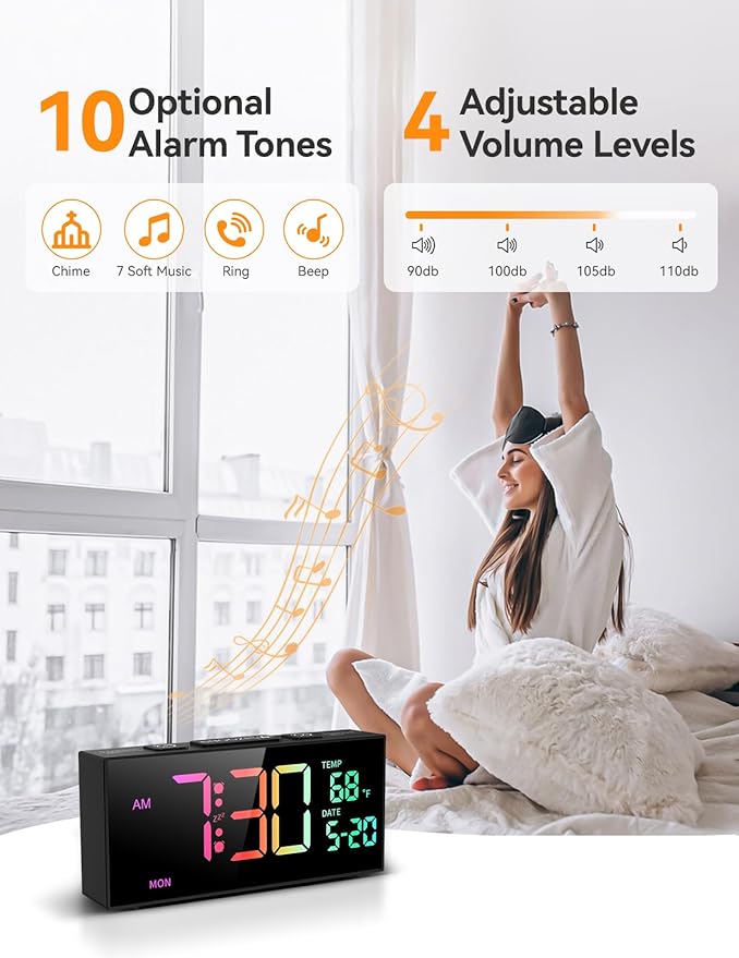 Netzu Alarm Clocks for Bedrooms, Digital Clock with Date Temperature and Weekday, Manual DST, Snooze, 2 Alarms, 4 Volumes Bedside Desk for Living Room Home Bedside Desk (RGB)