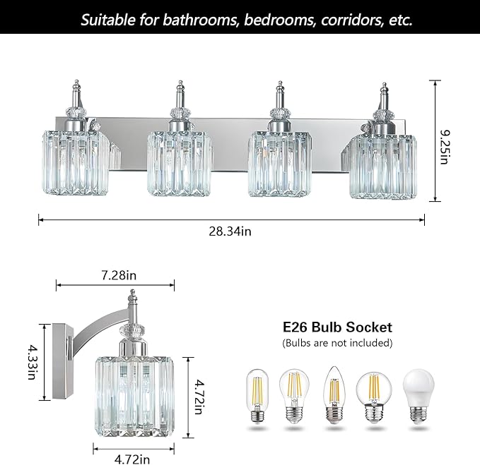 BBLLWJ Modern Bathroom Vanity Light 4-Light Chrome Crystal Light Fixtures Over Mirror for Bathroom Wall Sconce