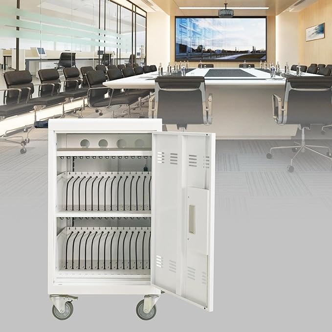 Aokleo 32 Devices Laptop Charging Cart with Password Lock,Tablet Storage Carts for Pad Up to 16.3" Screen,Classroom Computer Mobile Charging Station for Pads,Chromebooks,Laptops(White - Password Lock)