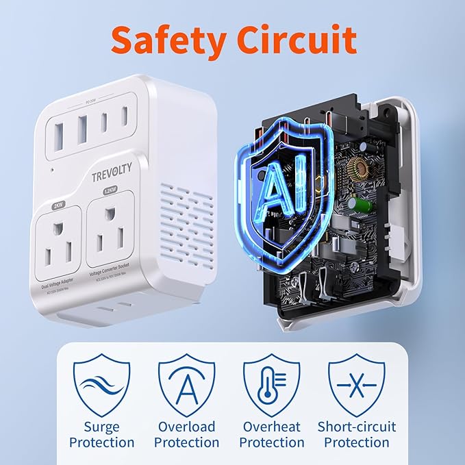 TREVOLTY 2000W Voltage Converter US to Europe for Hair Dryers, 7-in-1 220V to 110V Converter for European Travel with 3 AC/2 USBA/2 USBC Ports (PD20W), Universal Travel Adapter (White)