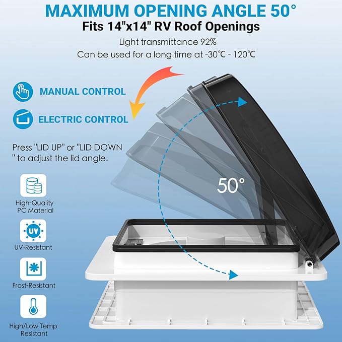 2012 Air Max 14" Vent RV Roof Vent Reversible Exhuast Fan, Ultra Low Sound RV Air Ventilation Ceiling Fan 12V Remote with Rain Sensor
