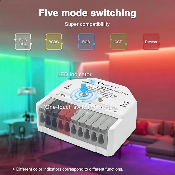 GLEDOPTO ZigBee 3.0 Pro Mini LED Strip Controller 5 Modes in 1 RGBCCT RGBW RGB CCT WWCW Dimmer DC12-24V APP Voice Control Work with Hu/e ZigBee2mqtt Conbee II Home Assistant Alexa (Hub Required)
