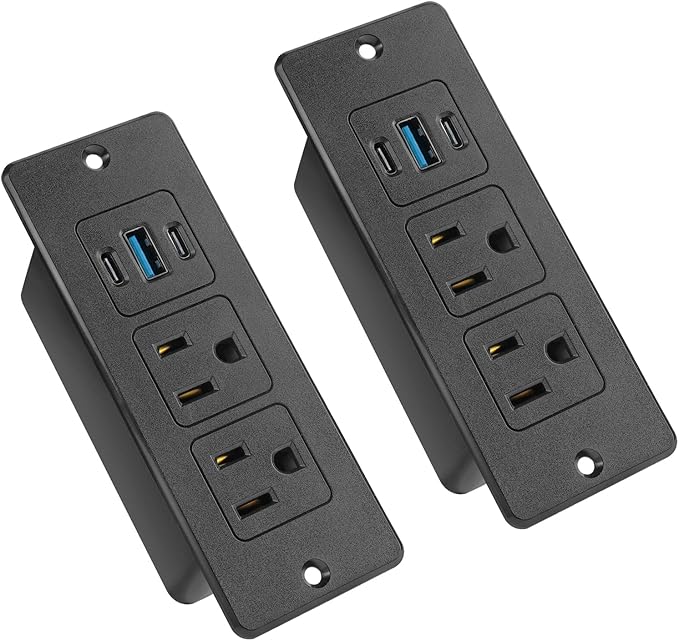 2 Pack Recessed Power Strips USB, 20W Fast Charging Furniture Outlets - 2 AC & 3 USB (2 USB-C + 1 USB-A) for Desk, Bedside, Drawer - Space-Saving, 10FT Cord, Black