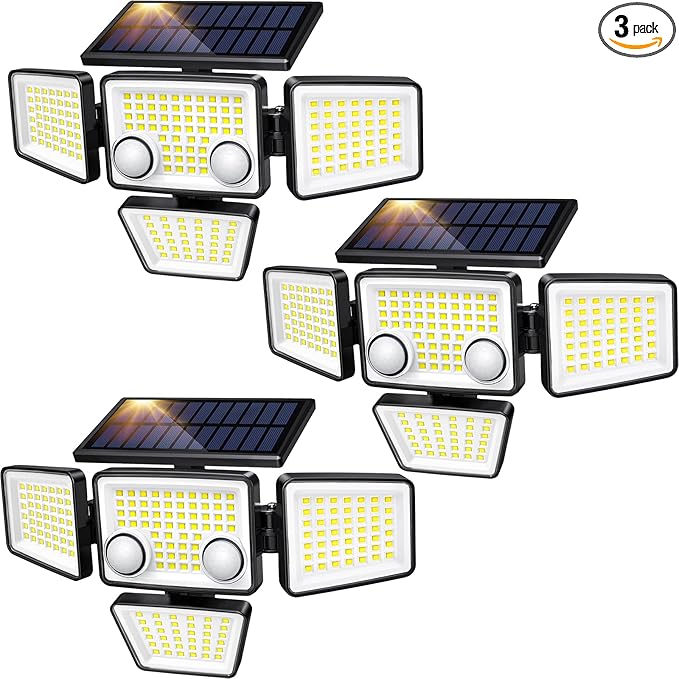 LYWALT Solar Outdoor Lights - 3000LM 188 LED Motion Sensor Outdoor Lights, 4 Heads Security Light,IP65 Waterproof, Easy Install,270°Wide Angle Flood Wall Light with 3 Modes for Backyard Yard (3 Pack)