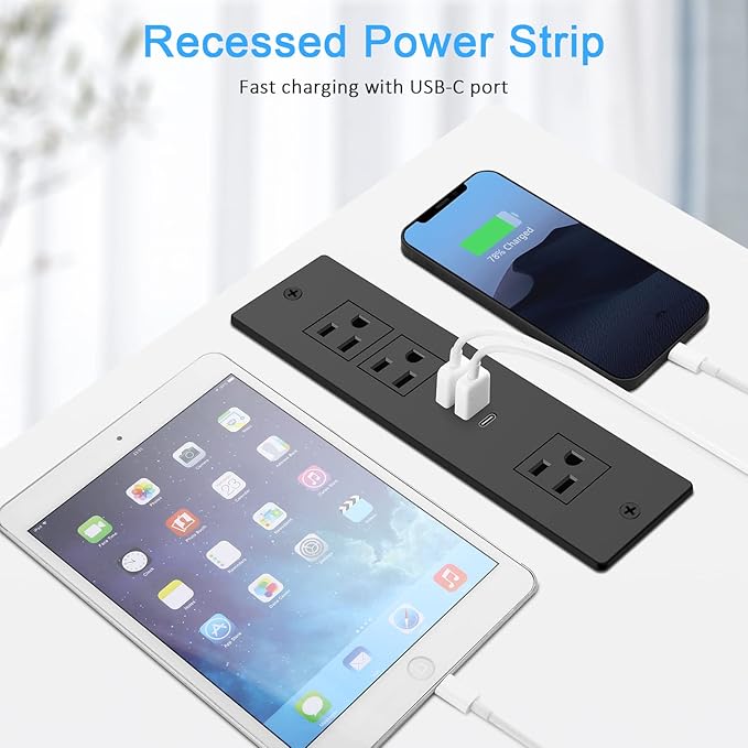 Recessed Power Strip, Furniture Drawer Outlet with 20W PD USB-C & 18W QC3.0 USB-A, Plug in 3 Outlets & USB Ports, Flush Mount 3FT Flat Extension Cord Conference Desk Outlets Black