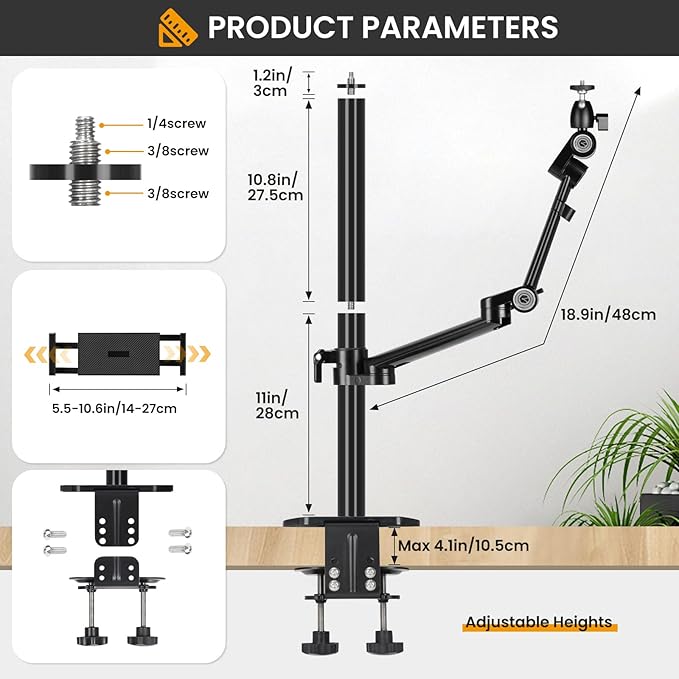TARION Camera Arm Desk Mount: Heavy Duty DSLR Desktop Mount Camera Stand with Tablet Holder Double C Clamp 1/4 3/8 Screw Adapter Articulating Arm for Selfie Streaming Videography TitanRig Lite Z