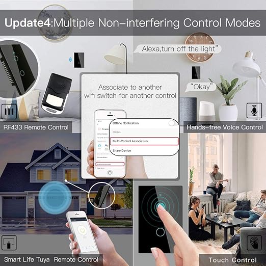 MoesGo WiFi Smart Wall Light Switch,Glass Panel, Multi-Control(3 Way), 2.4GHz Wi-Fi Touch Switches, Neutral Wire Required, Remote Control Smart Life/Tuya App, Work with Alexa, Google Home Black 2 Gang