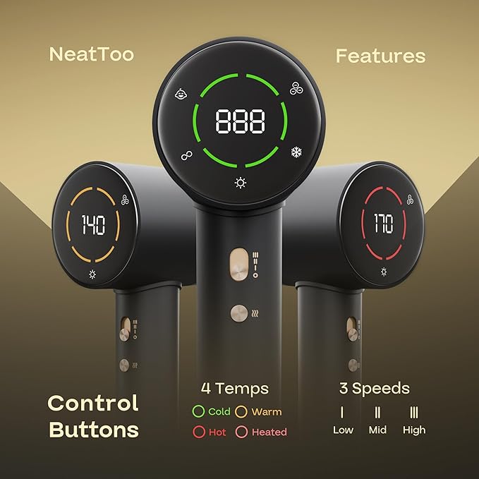NeatToo Turbo Pro Hair Dryer | 3 Speed Settings with LCD Display | 500M Negative Ions for Smooth Shine | 160,000 RPM Brushless Motor | 1500W Fast Drying, Low Noise & Lightweight Blow Drye