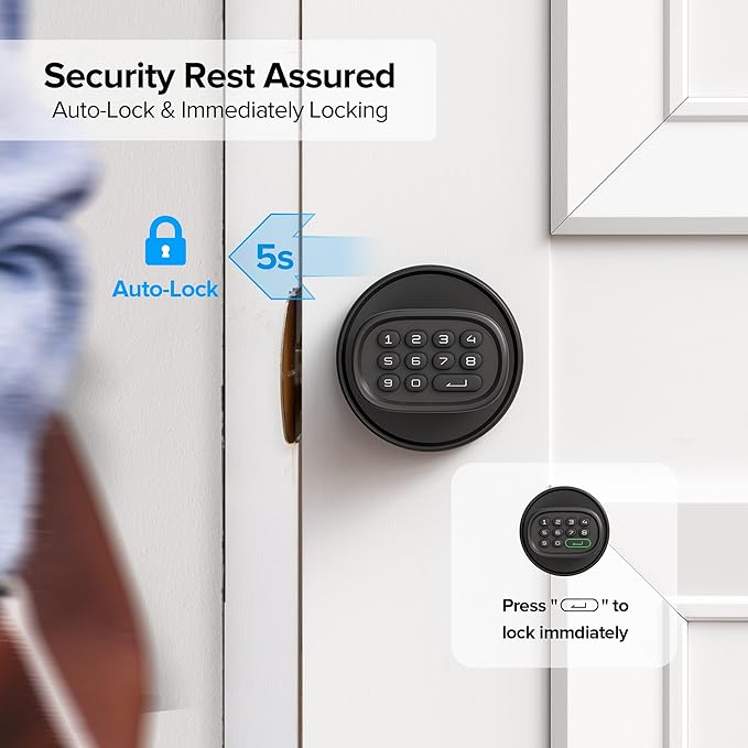 ThorBolt Fingerprint Door Knob, Keyless Door Knob with Keypad Biometric Electronic Thumbprint, Auto-Lock for Interior Doors for Bedroom, Home, Office, Garage, 4xAA Alkaline (NOT Included), MD1 Black