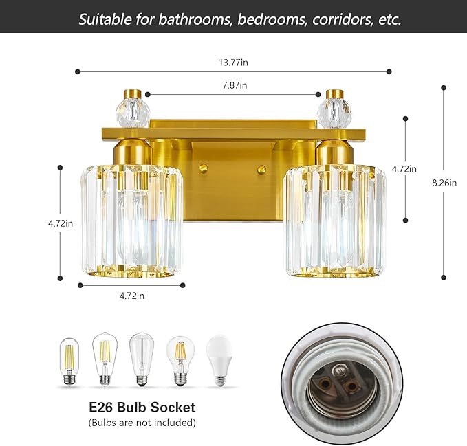 FDPBY Bathroom Vanity Lights 2-Light Gold Modern Crystal Vanity Light Fixtures Over Mirror Crystal Bathroom Vanity Lighting Fixtures