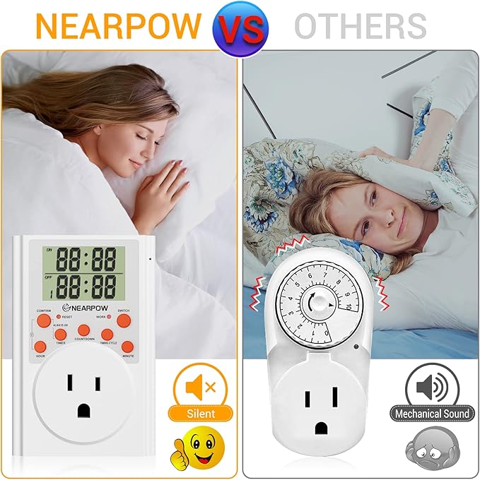 Timer Outlet, Nearpow Multifunctional Infinite Cycle Programmable Plug-in Digital Timer Switch with 3-Prong Outlet for Appliances, Energy-Saving Timer, 15A/1800W
