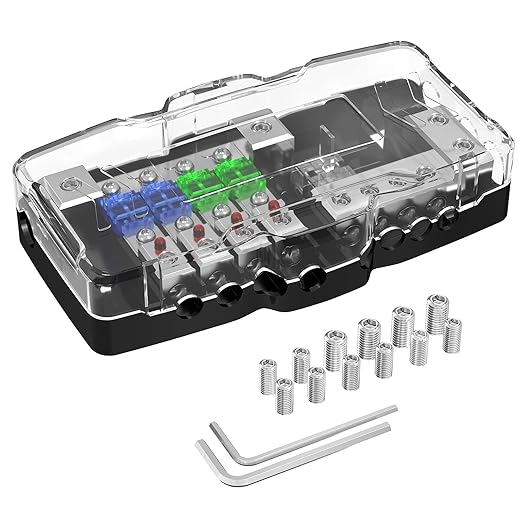 Joinfworld Fused Power Distribution Block Car Audio 4 Way MIDI(Mini-ANL) Fuse Block 12V 0/4 Gauge with Ground for Auto UTV Boat Stereo Amp