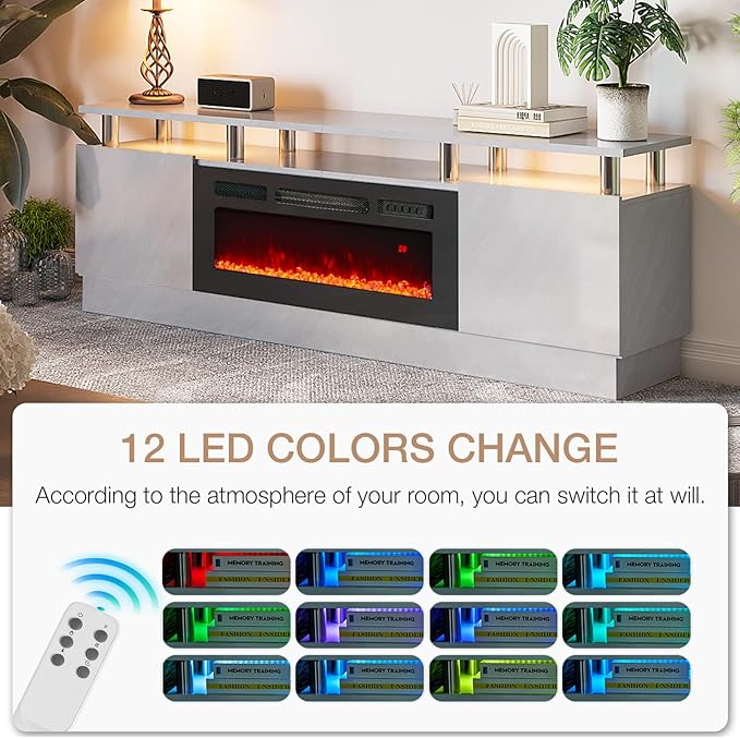 oneinmil 36" Electric Fireplace Integrated TV Stand - 70" 2-Tier Console for TVs up to 80", Ideal for Living Room Settings, Gray