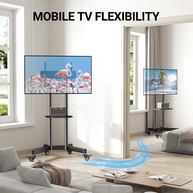 PERLESMITH Rolling TV Stand with Lockable Wheels for 32-85 Inch TVs Holds up to 132 Lbs, Height Adjustable Mobile TV Stand on Wheels with Laptop Shelf, Rolling Tv Cart Max VESA 600x400mm PSTVMC01