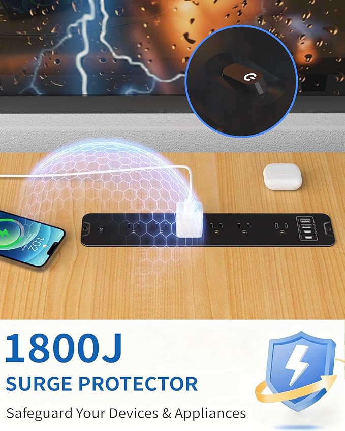 Inhwatek Recessed Power Strip with 20W USB C Port, Flush Mount Power Strip Surge Protector, 6Ft Flat Plug Extension Cord, Space-Saver Recessed Outlet for Furniture Side Table