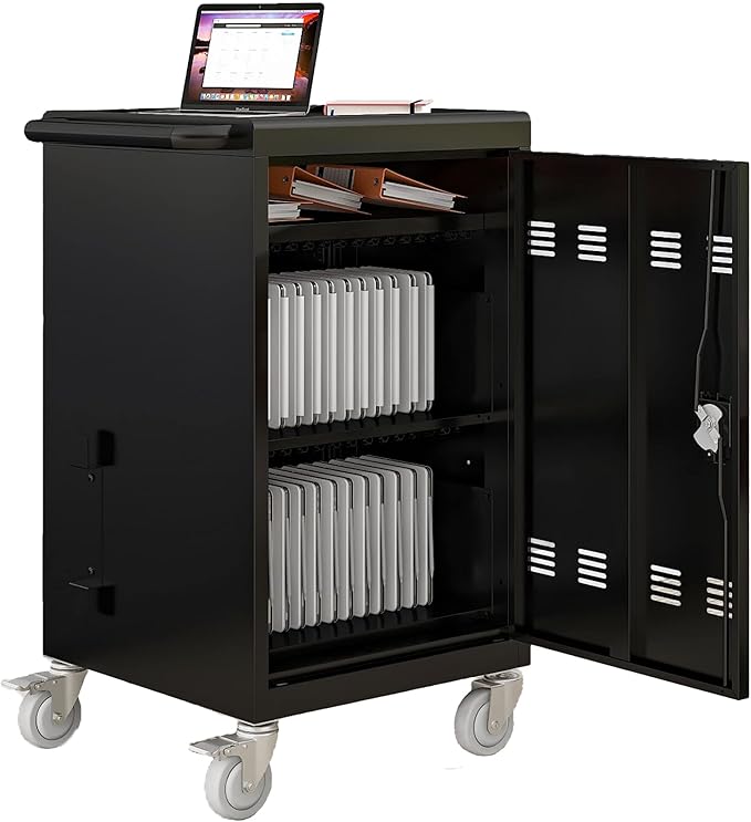 OFLILAK 30-Device Mobile Charging Cart with Charging Power Strip and Front and Rear Access Locks, Cable Management, Up to 17"", Safe Charging Cabinet for Ipads, Chromebooks, Tablets, Laptops Black