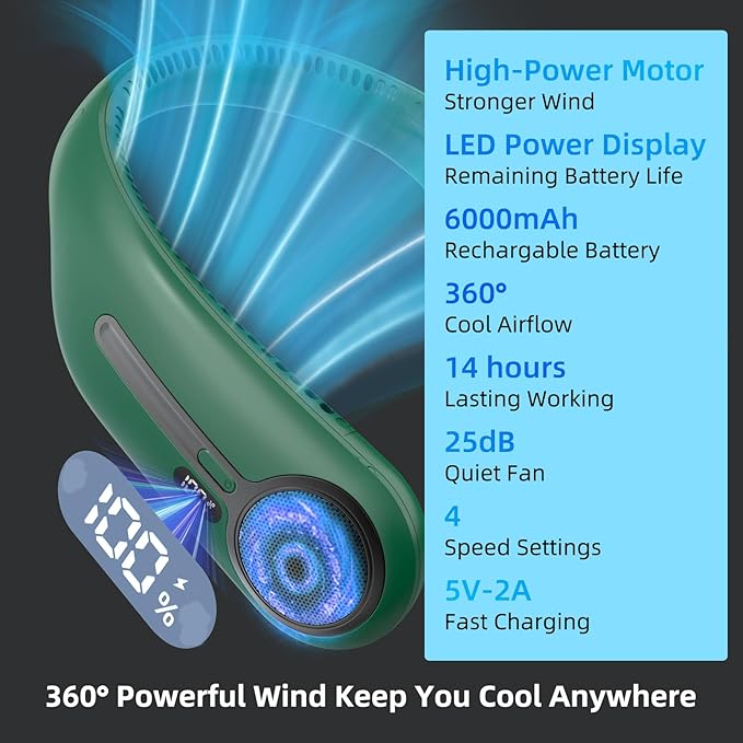 Kinhowly Portable Neck Fan,Hands Free Personal Wearable Bladeless Fan,6000mAh USB Rechargeable,360° Cooling,LED Display,4-Speeds,Birthday Gifts for Men Women Dad Mom,Valentines Day Gifts (Dark green)