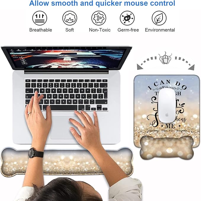 Keyboard Wrist Rest + Mouse Pad Wrist Support Set with Coasters, Non-Slip PU Base Ergonomic Mousepad for Home Office Working Studying Easy Typing & Pain Relief, Bible Verse Phil 4:13