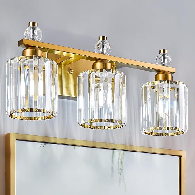 FDPBY Bathroom Vanity Lights 3-Light Gold Modern Crystal Vanity Light Fixtures Over Mirror Crystal Bathroom Vanity Lighting Fixtures