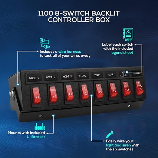 Ultra Bright Lightz 1100 8-Switch Backlit Controller Box | Emergency Vehicle Strobe Warning Lights | Siren | Speaker