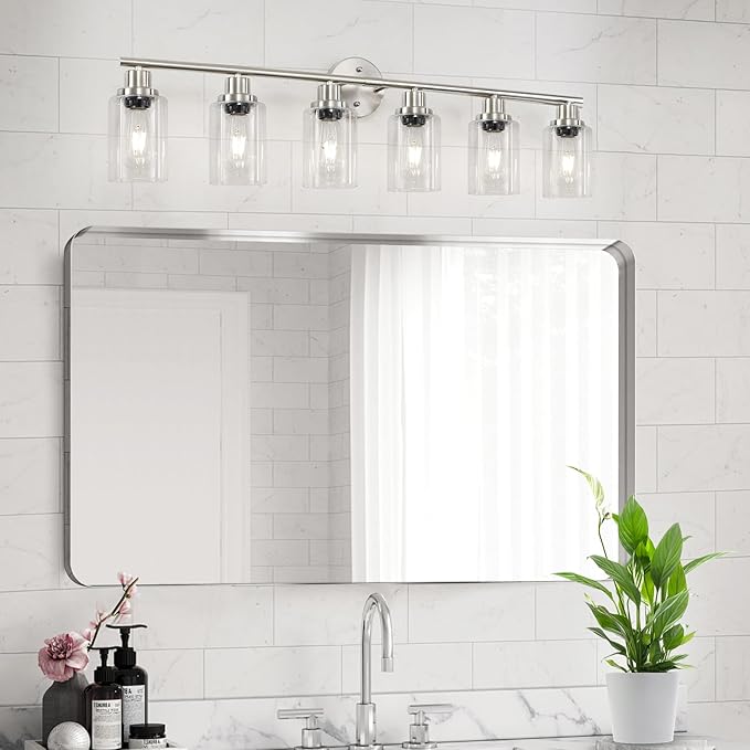 Guliaofo 6-Light Nickel Bathroom Vanity Lights, E26 Modern Bathroom Light Fixtures with Clear Glass Shade, Wall Lamps for Mirror Hallway Kitchen Cabinet Living Room Sconces Lights