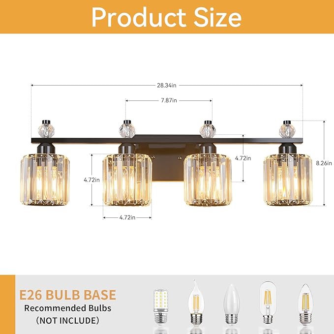 FDPBY Bathroom Vanity Lights 4-Light Plating Black Modern Crystal Vanity Light Fixtures Over Mirror Crystal Bathroom Vanity Lighting Fixtures