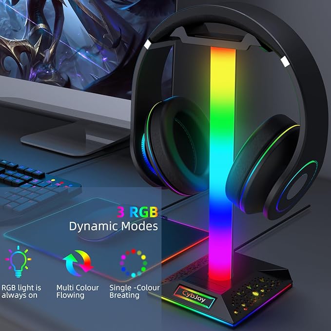 CybJoy Gaming Headphone Stand PC Accessories - RGB Headset Stand with 2 USB and 1 Type-C Ports, LED Headphone Stand Gift for Boys Men, Computer Game Accessories for Desk