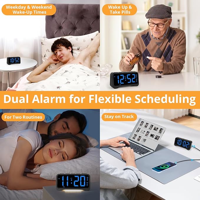 Loud Alarm Clock for Heavy Sleepers Adults, Vibrating Bed Shaker Alarm Clock for Teens/Deaf People, 7.5" Large Screen Digital Alarm Clock, Dual Alarm, Nightlight, Brightness Adjustable, Bedroom, Dorm