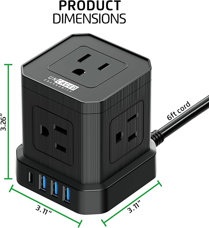 Cube Power Strips with Surge Protection, 6ft Extension Cord with Multiple Outlets, 5 Ac Plugs, 3 USB, 1 Usbc Fast Charging Power Strip with USB Ports, Mountable On/Off Switch Charging Station
