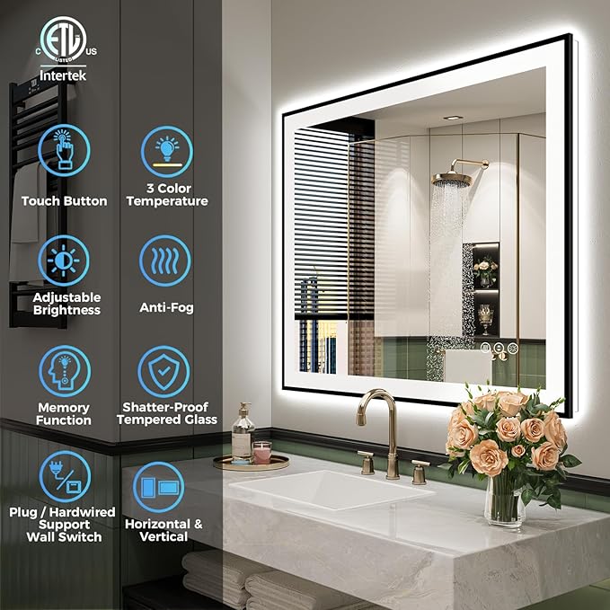 YEELAIT 36x30 Inch LED Bathroom Mirror with Lights (Front Lit and Backlit) Black Framed Lighted Vanity Mirror for Bathroom Wall Dimmable Anti-Fog Memory Tempered Glass Horizontal/Vertical