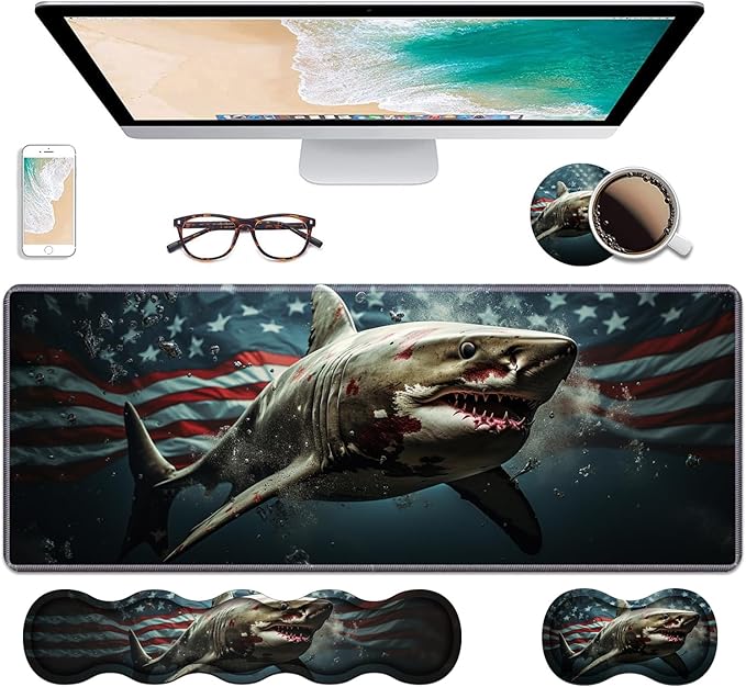 Ergonomic Keyboard Wrist Rest & Mouse Pad Wrist Rest Set, Large XXL Gaming Desk Mat 31.5"x 11.8" with Non-Slip Base, Memory Foam, Easy Typing Pain Relief for Home & Office, American Flag Shark