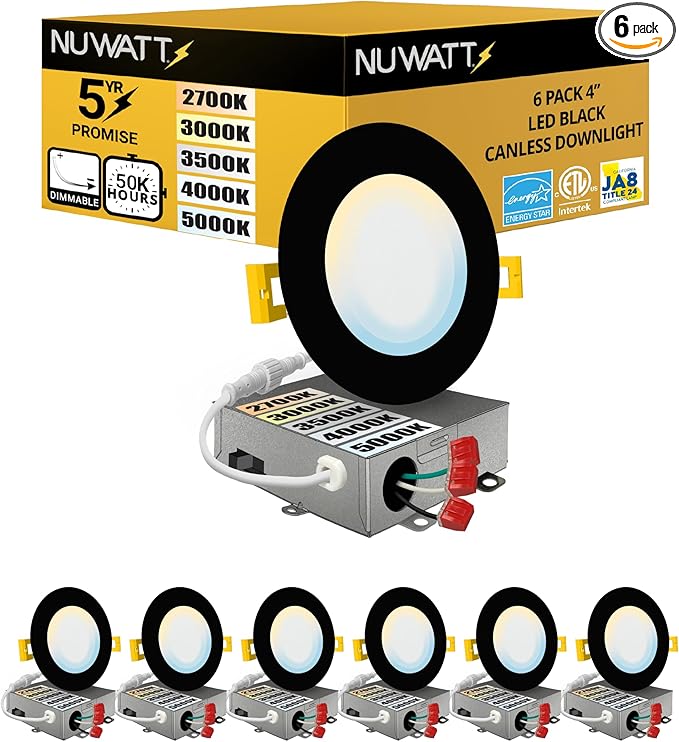 NUWATT 6 Pack, 4 Inch Ultra-Thin LED Recessed Lighting Black, 5CCT 2700K/3000K/3500K/4000K/5000K Selectable, 630LM, 9W, IC Rated, Dimmable Canless Wafer Light, Damp Rated Pot Lights with Metal J-Box