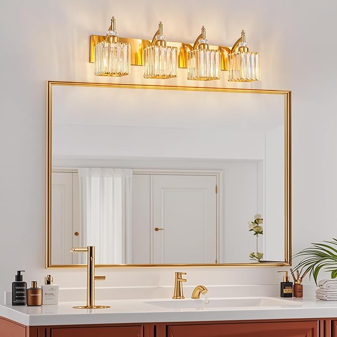 BBLLWJ Modern Bathroom Vanity Light 4-Light Gold Crystal Light Fixtures Over Mirror for Bathroom Wall Sconce