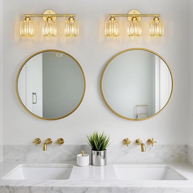FDPBY Modern 3 Light Crystal Vanity Light, Gold Vertical Bathroom Light Fixture Over Mirror for Dressing Table Sink, Compatible with Dimmable Bulbs (Bulbs Not Included)