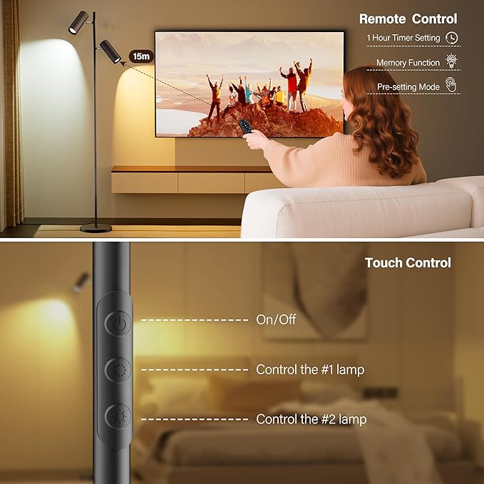 SIBRILLE Spotlight Floor Lamp, Tall LED Standing Lamp with Remote/Touch Control, 2700K-6500K, 350°Rotating Head Standing Lamp, Reading Floor Lamp for Living Room, Bedroom, Office & Wall Art, Dual Head