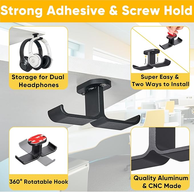 Under Desk Headphone Hanger with Strong Adhesive and Screws Mount, 360° Rotatable Dual Headset Holder Stand, Aluminum Metal Adjustable Headphone Hook, Perfect for Home Gaming & Office - Black