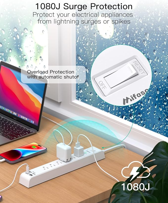 2 Pack Power Strip Surge Protector, 15FT Long Extension Cord, Surge Protector with 6 Outlets and 4 USB Charging Ports(2 USB C), Flat Plug Overload Protection, Wall Mount for Home Office Dorm College