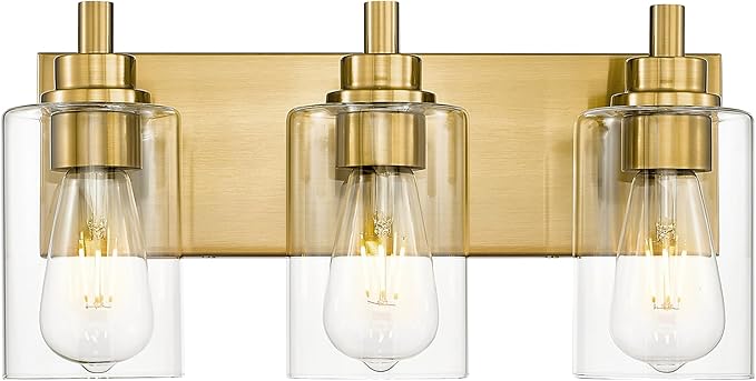 METWET 3-Light Bathroom Light Fixtures, Brushed Gold Vanity Light with Cylinder Clear Glass Shade, Modern Vanity Lighting Fixtures Over Mirror, VL143-BG-3