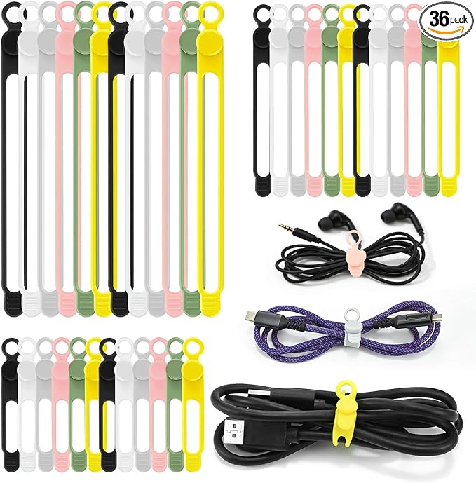 36Pcs Silicone Cable Ties, 6 Colors Data Cable Organizer Ties, 3 Sizes Cord Ties for Charging Cables, Wire Organizers, Electrical Cords, Computer Wires, Cord Organizers