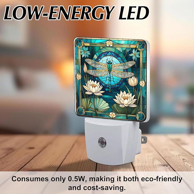 PODMemory Dragonfly & Flowers Stained Glass Night Lights Plug into Wall for Room, Dragonfly & Flowers Night Light LED for Bedroom