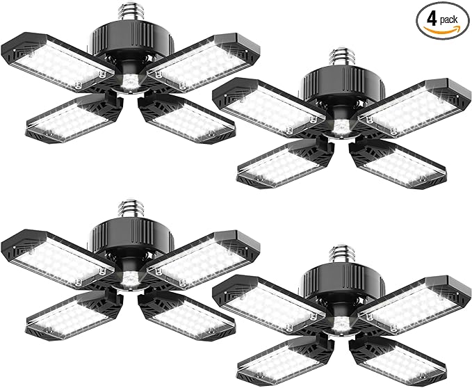 CHENGCHILIT LED Garage Light - 4 Pack 130W 13000LM Deformable 4+1 Panel LED Garage Ceiling Lights with Transformer, E26/27 Base, 6500K Daylight White Shop Lights for Factory, Storage Room, Warehouse