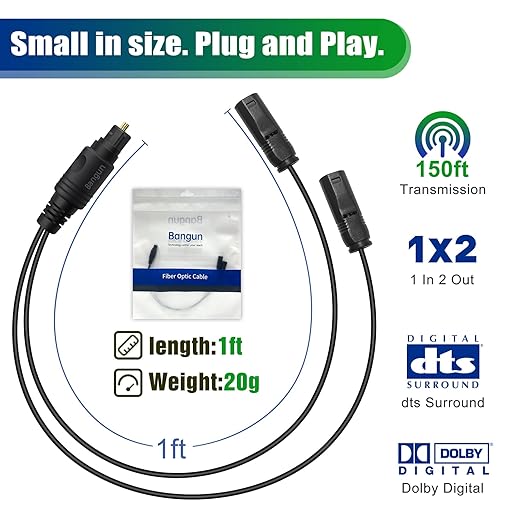 1x2 Digital Audio Splitter, Toslink Digital Fiber Optic Audio Splitter 1 Male Input 2 Female Output (for Home Theatre, Xbox, PS3/PS4)