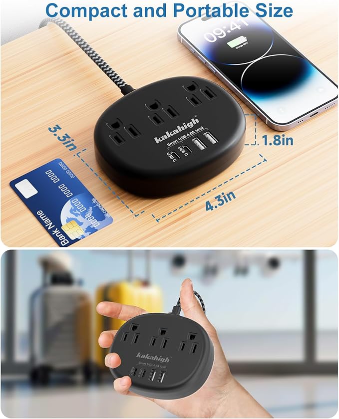 Short Extension Cord Black - Extension Cord 5 Feet, 1625W Power Strip 3 Prong with 3 AC Outlet 4 USB (24W/4.8A), Bedside Charging Station for Home, Office and Dorm